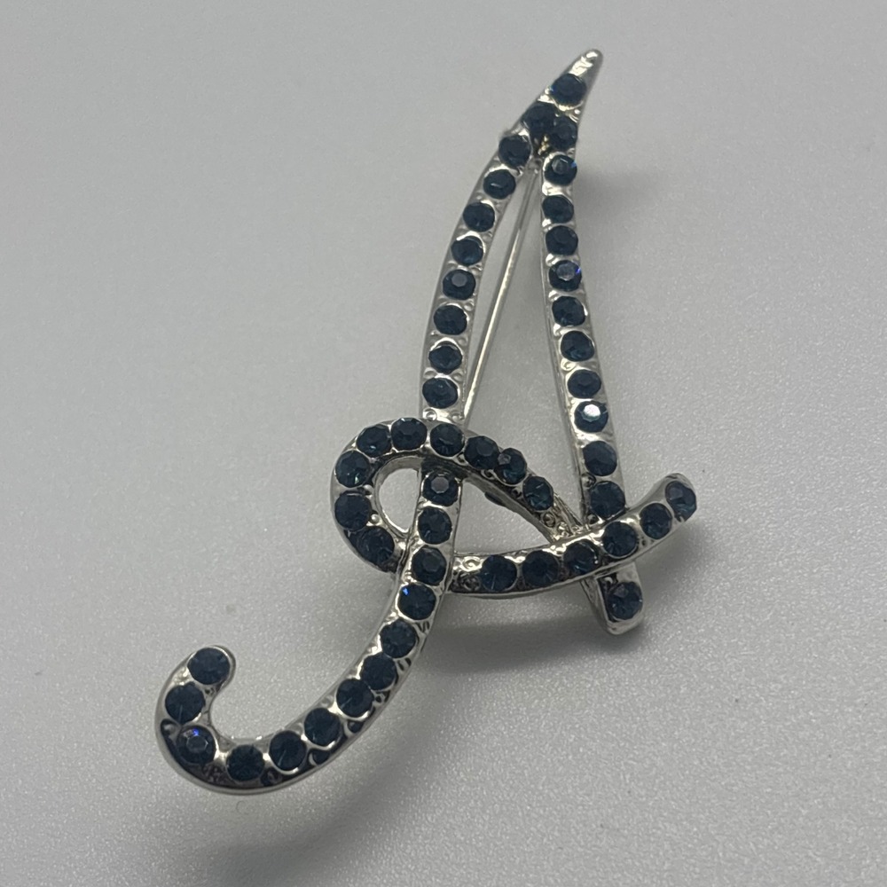 Letter A Brooch Navy Blue Silver Tone Rhinestone Cursive Monogram Brooch Pin